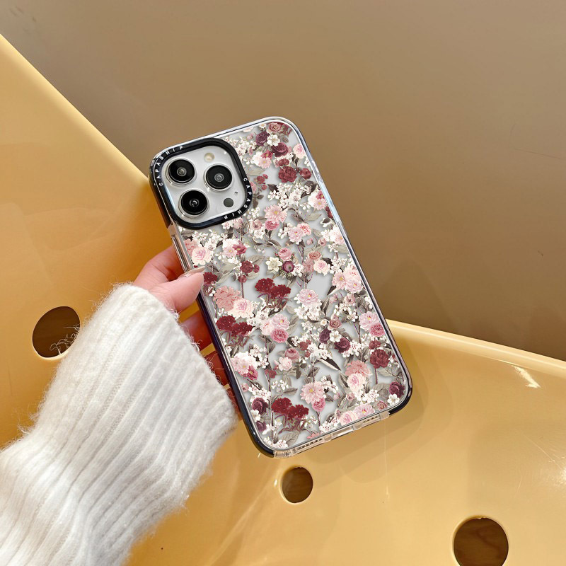 Funda pequeña de flores rosas rojiza para iPhone 16 15 14 13 12 11 Pro X XS XR Max 7 8 Plus SE, funda trasera suave de TPU a prueba de golpes