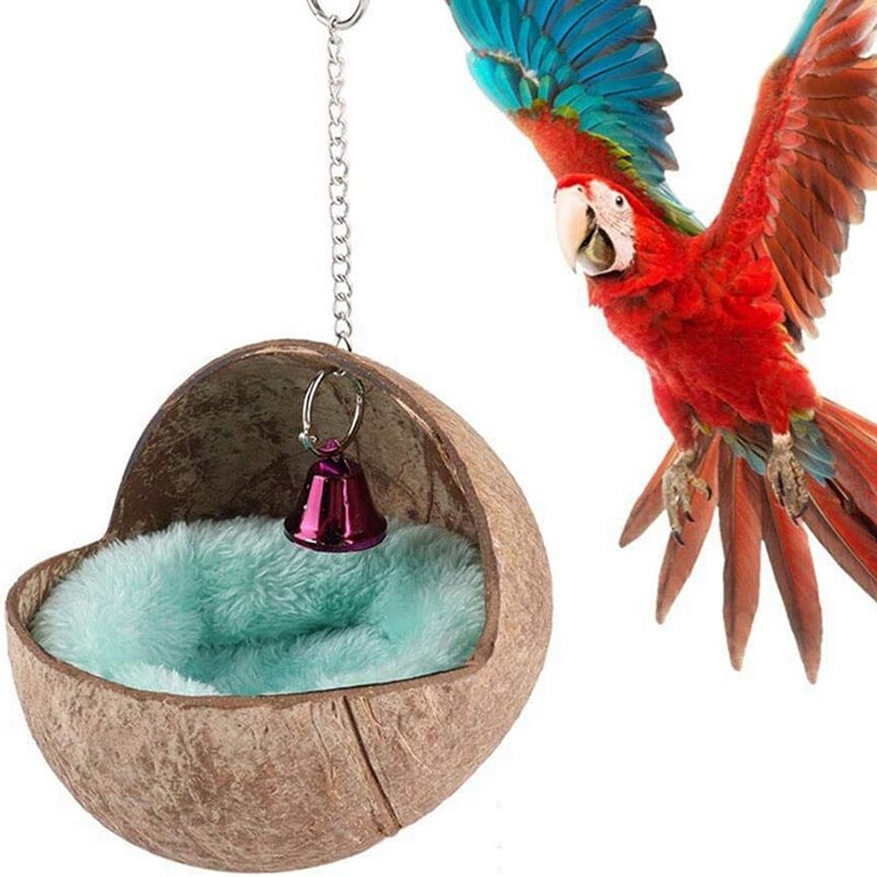 Casa Nido de Pájaro de cáscara de coco, cama con almohadilla cálida para loro, periquito, hámster, rata, ratones, jaula de Chinchilla, caja de anidación de juguete