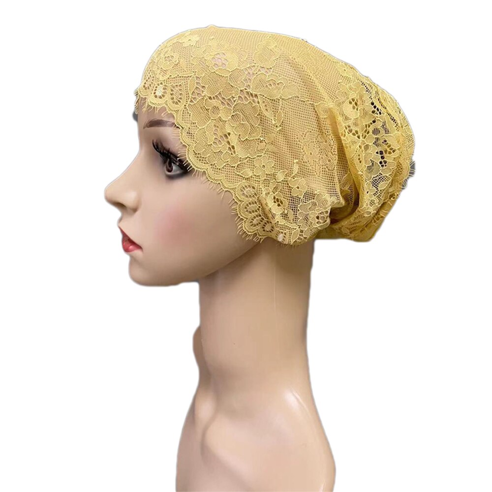 Gorro de tubo de cobertura completa para mujer, gorro interior musulmán con flores de encaje, pañuelo para la cabeza, sombrero islámico árabe, gorrito indio, turbante: 13 Yellow