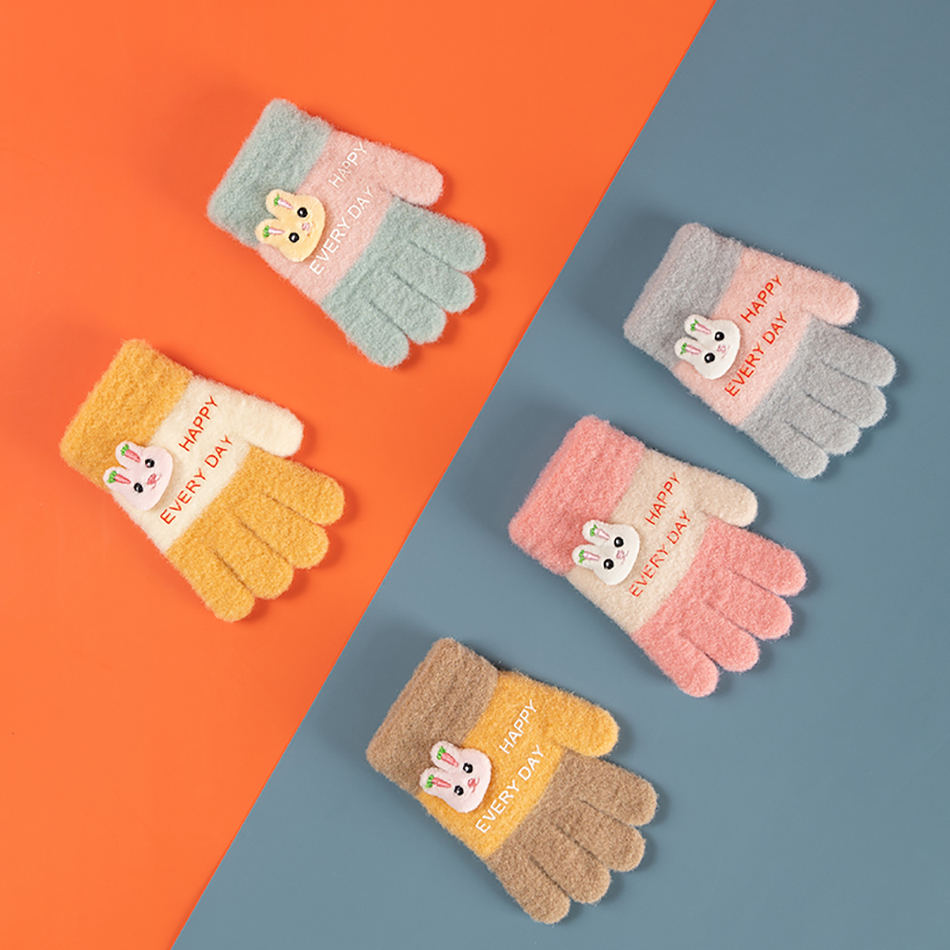 Guantes de lana para niña pequeña, manoplas de nieve para niño feliz todos los días, manoplas de dedos completos de conejo de invierno, accesorios para bebé de 3 a 5 años