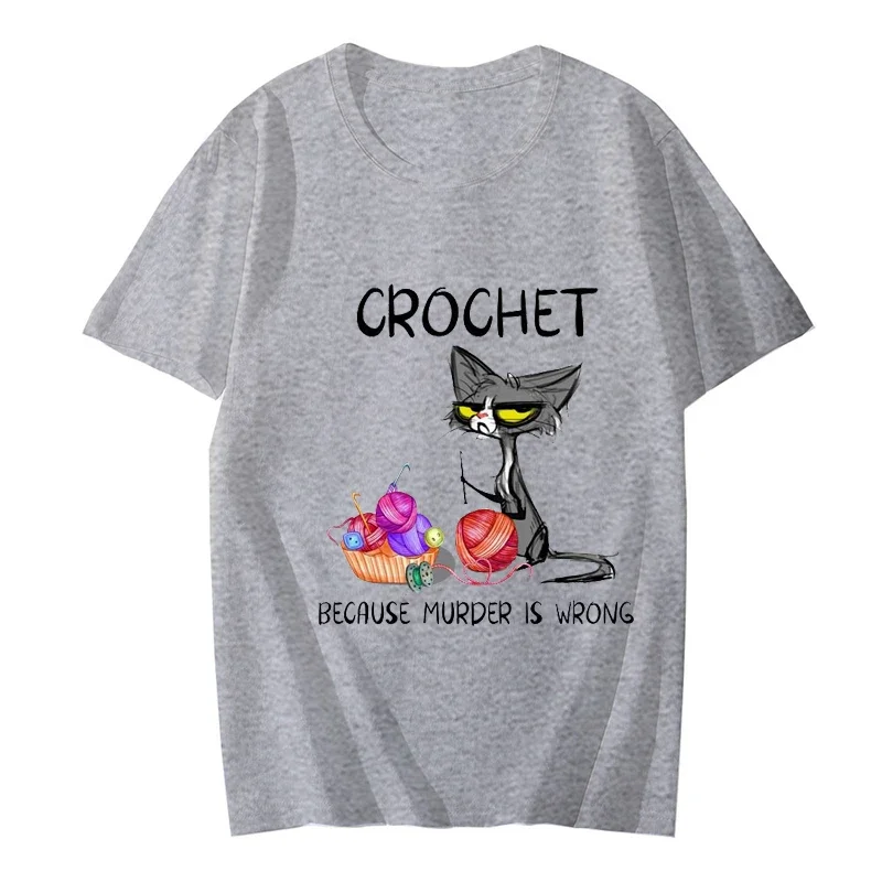 Häkeln, weil Mord falsch ist, Einstellung Katze Frauen T-Shirt Sommer T-Shirt lässig Kurzarm Kleidung ästhetische Kleidung Spitzen: XXL / Gold