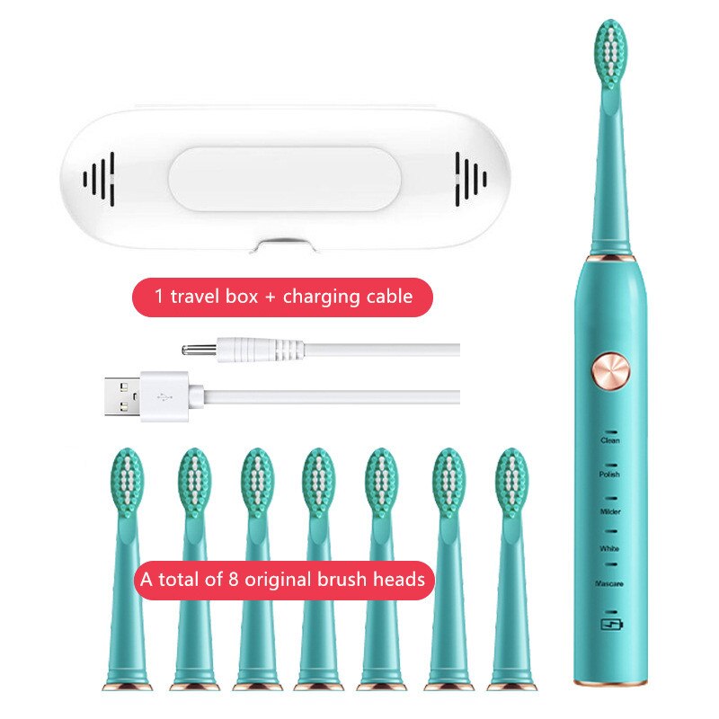VIP Powerful Ultrasonic Sonic Electric Toothbrush USB Rechargeable Tooth Brush Adult Electronic Washable Whitening Teeth Brush: YS003-Green 8 heads