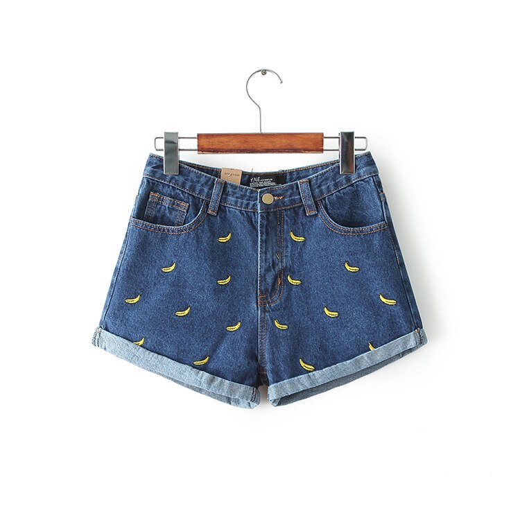 Vrouwen Zomer Banaan Bloem Borduren Katoen Denim Shorts curling Losse Grote Type casual vrouwelijke taille Jeans Shorts: Blauw / L