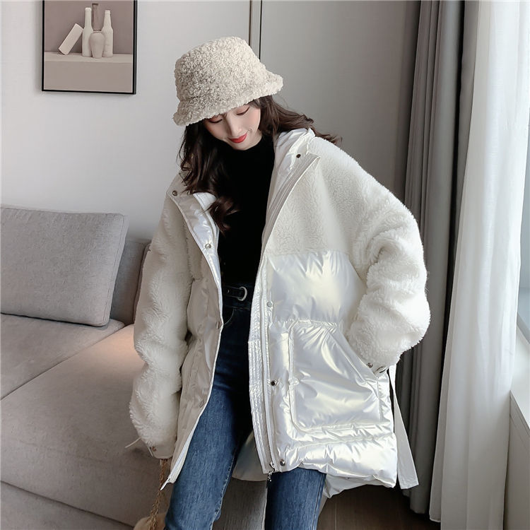 Bella filosofi kvinder vinter tyk stand krave parkaer ruskind lammeuld patchwork jakker dame afslappet løse blanke frakker: W1 / S (45-50kg)