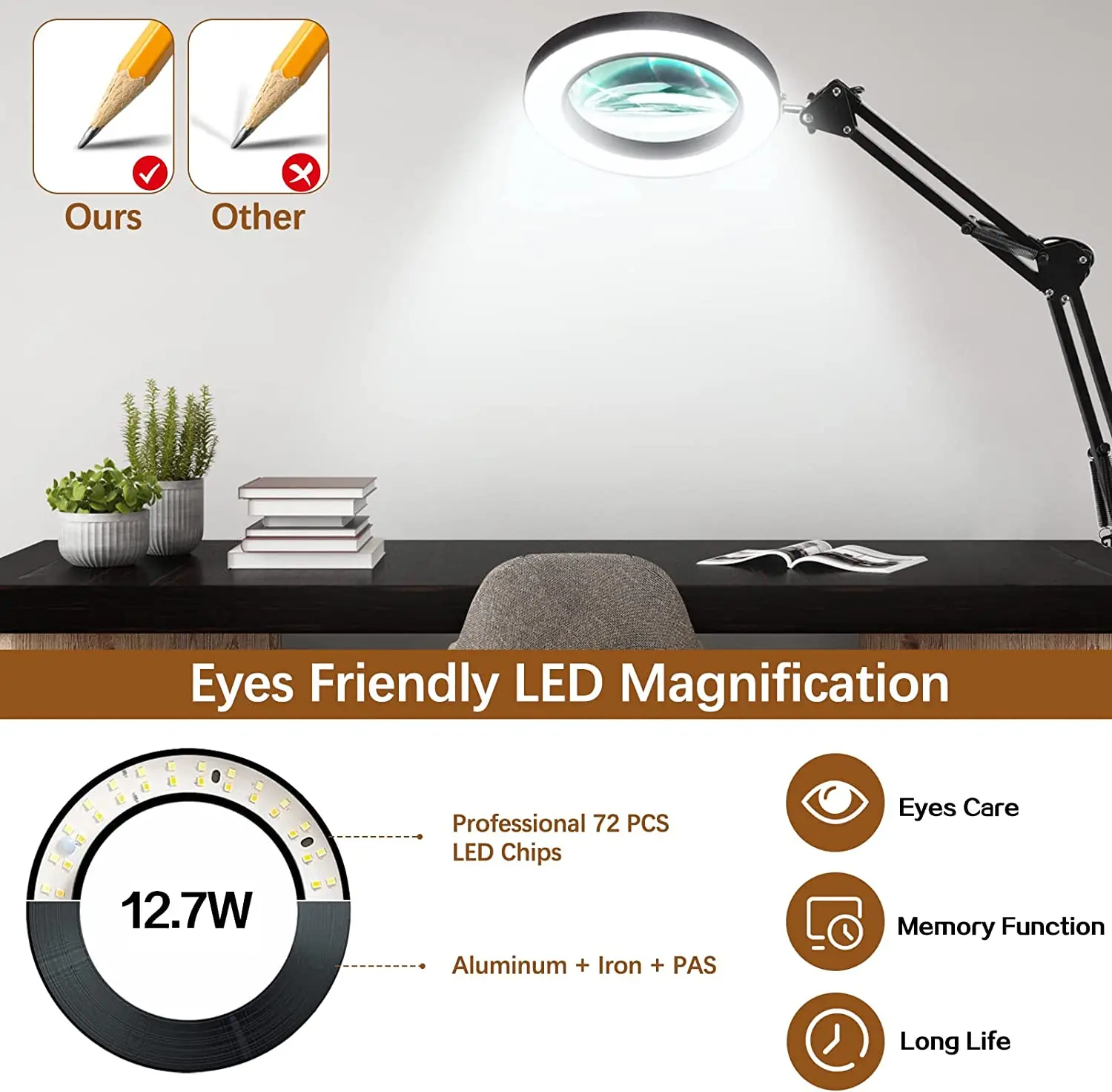 Lente d'ingrandimento Lampada a LED Lente d'ingrandimento con luce 10 livelli Lampada da lettura a LED con supporto a morsetto Lampada a luce artigianale a 3 colori