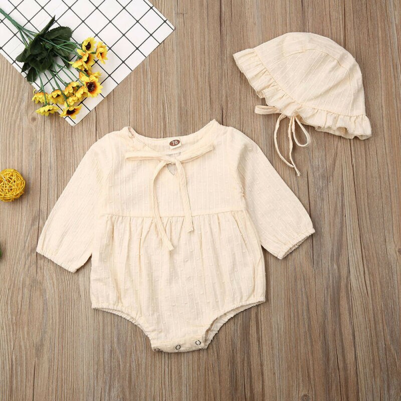 0-24M Pasgeboren Baby Jongen Meisje Met Lange Mouwen Effen Kleur Katoen Bodysuit Jumpsuit Hoed 2 STUKS Outfits Baby kleding