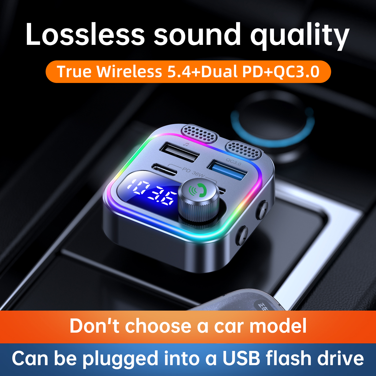 Schnelles Autoladegerät, Bluetooth 5.4, FM-Sender, kabelloses Radio, Freisprechen, tiefer Bass, Autoladegerät, Dual-USB, C, PD, 36 W