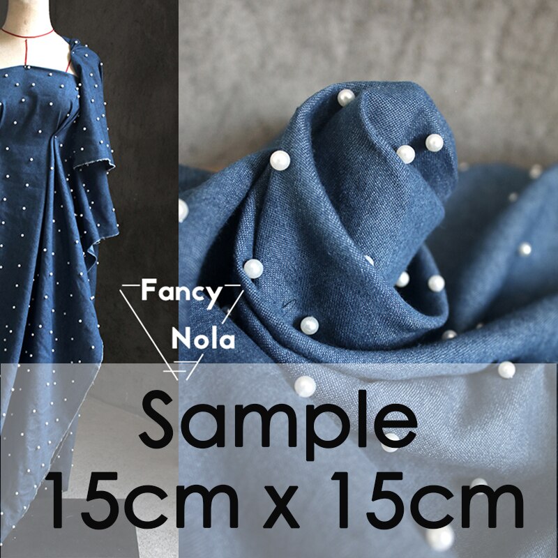 Pearl denim 150cm bredde håndlavet beaded denim blå klud gør-det-selv 3d stereo stof  cg086: Prøve 15cm x 15cm