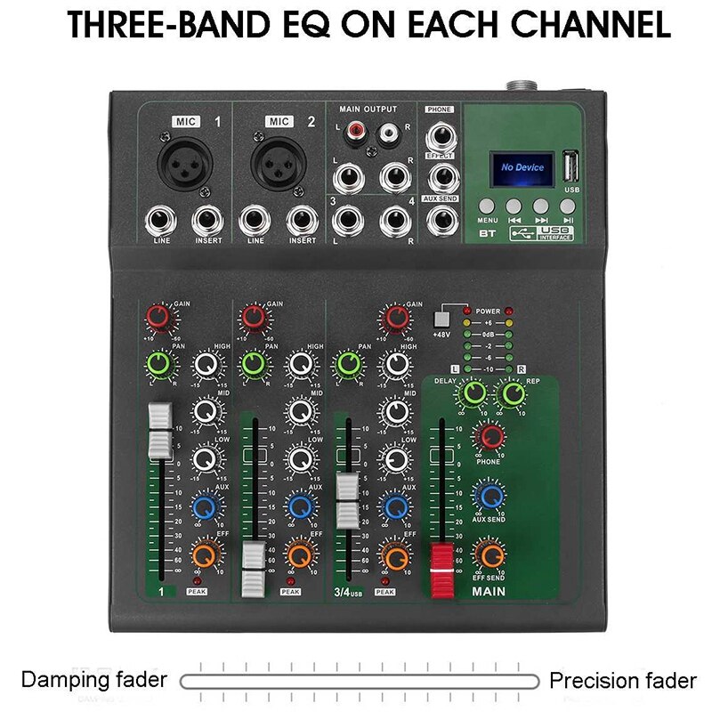 Bluetooth Portable o Mixer USB DJ Sound Mixing Console MP3 Jack 4 Channel 48V Amplifier Karaoke KTV Party EU Plug