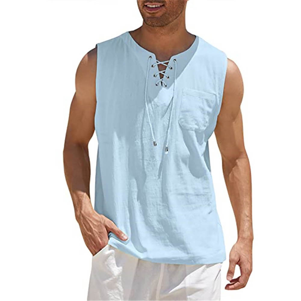 Débardeur d'été en coton et lin pour hommes, t-shirt décontracté sans manches, ample à lacets, col rond, Streetwear,: M / BLEU CIEL