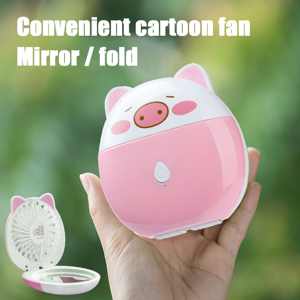 Portable Mini USB Fan Explosion Pig Cartoon Makeup Mirror Fan Adjustable USB Handheld Charging Portable Handheld Mini Fan