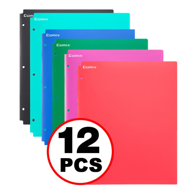 Comix – pochettes en plastique à 3 trous, 12 pièces/lot, pochettes avec poche, format lettre
