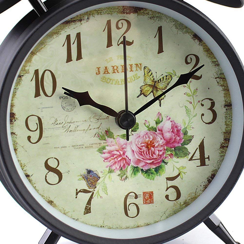 4 inch Retro Vintage Bedside Twin Bell Alarm Clock With Loud Alarm and Nightlight (Black Case - Roses)