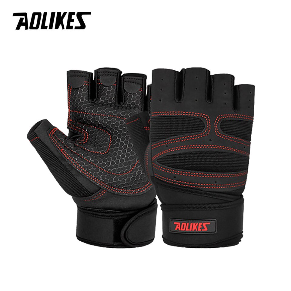 Aolikes Half Vinger Gym Handschoenen Zwaargewicht Sport Oefening Gewichtheffen Handschoenen Body Building Training Sport Fitness Handschoenen: Black red / L