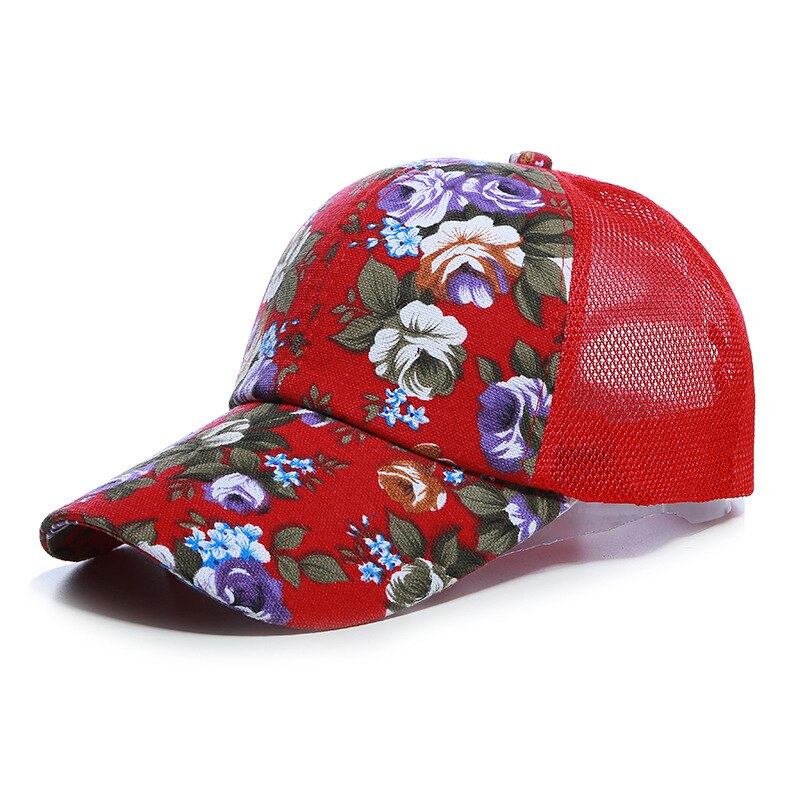 Womens Zomer Caps Netto Trucker Hoed met Gedrukte Bloemen Zwart Rood Blauw Paars: Rood