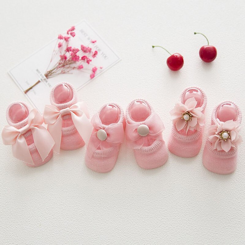 Chaussettes en coton, 3 paires/ensemble, chaussettes pour bébé, pour -né, avec nœud fleuri, printemps et été, antidérapantes, pour bébé fille, d'anniversaire