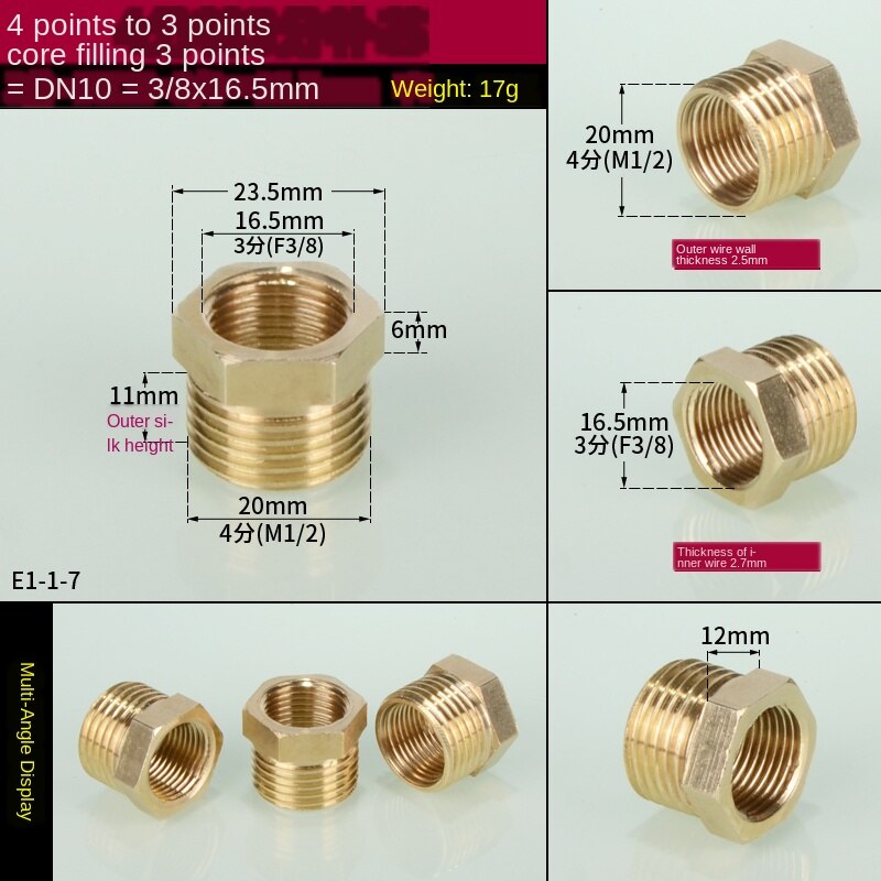 3/4 in to 1/2 in interne en externe draden direct 1 inch  to 3/4 in to 1/8 in to 1/4 in to 3/8 in draden: E1-1-7
