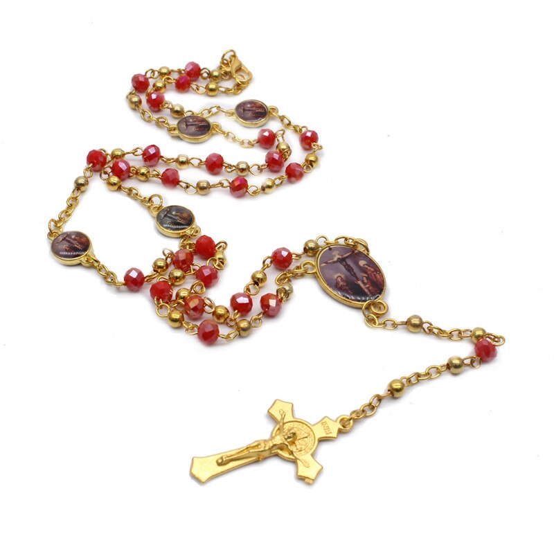 5 stili moda cattolica vergine maria gesù piccola dimensione rotonda perla accessori gioielli catena croce pendente rosario perline collana: Style 3-red