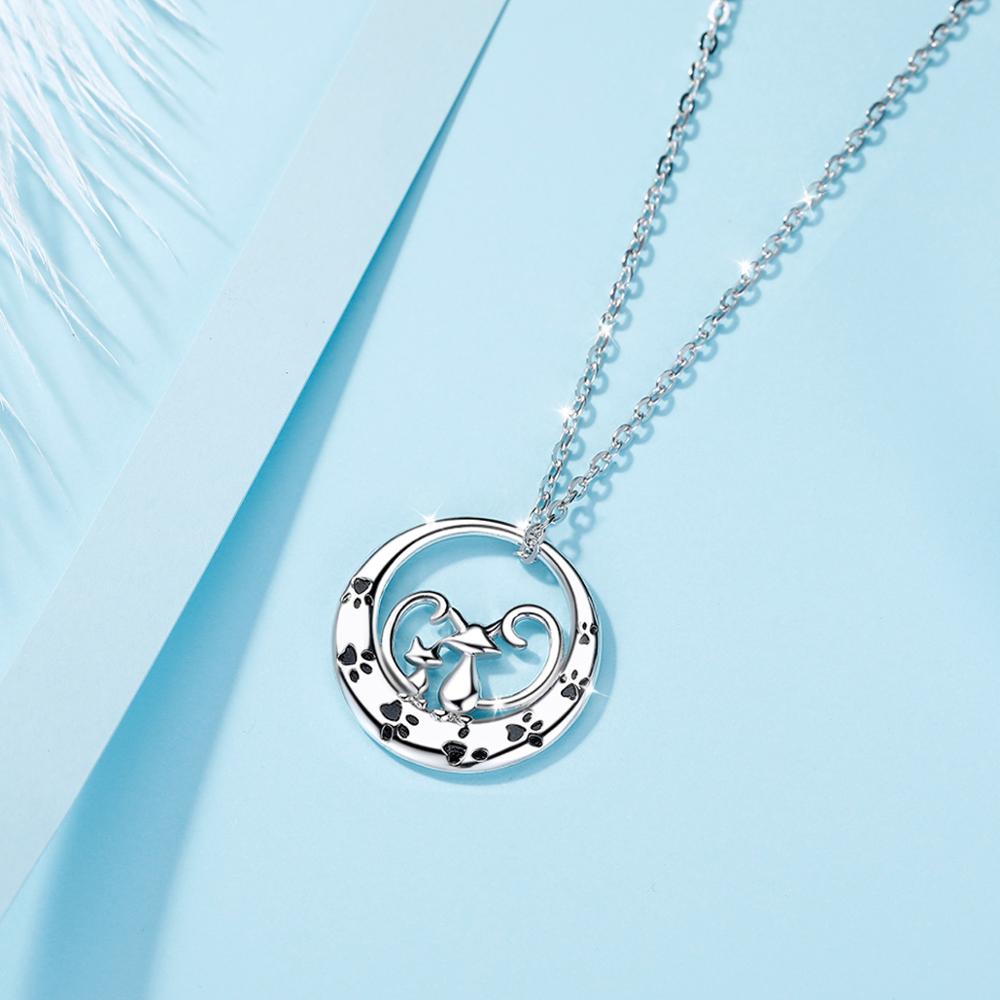 EUDORA 925 Sterling SIlver Couple Cat Necklace for Women Animal Pendant Jewelry Engagement party Jewelry Box D104