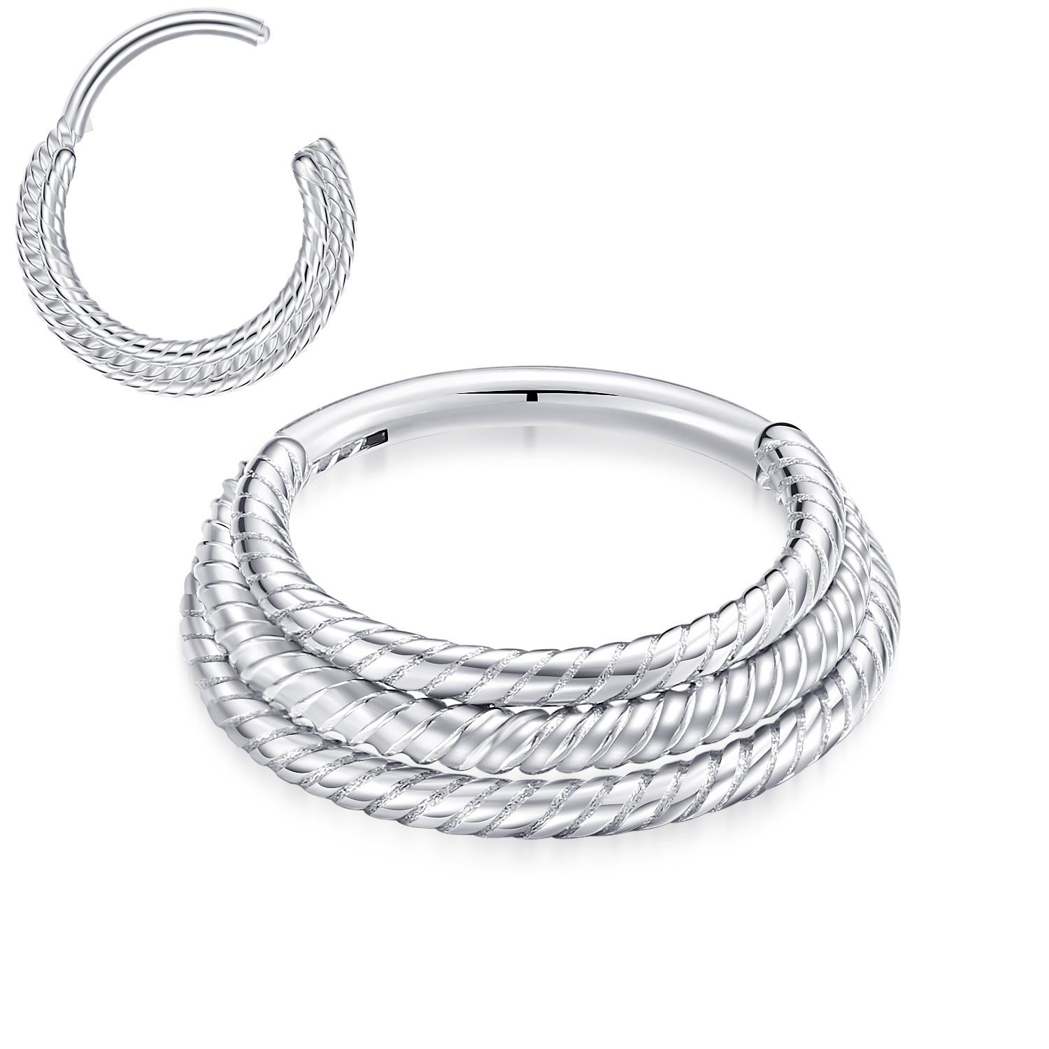 VOJO 16G HOOP Hinged Septum Clicker Ring Daith Earrings 316L Stainless Steel Hypoallergenic Piercing Jewelry: WHITE / Titanium Plated