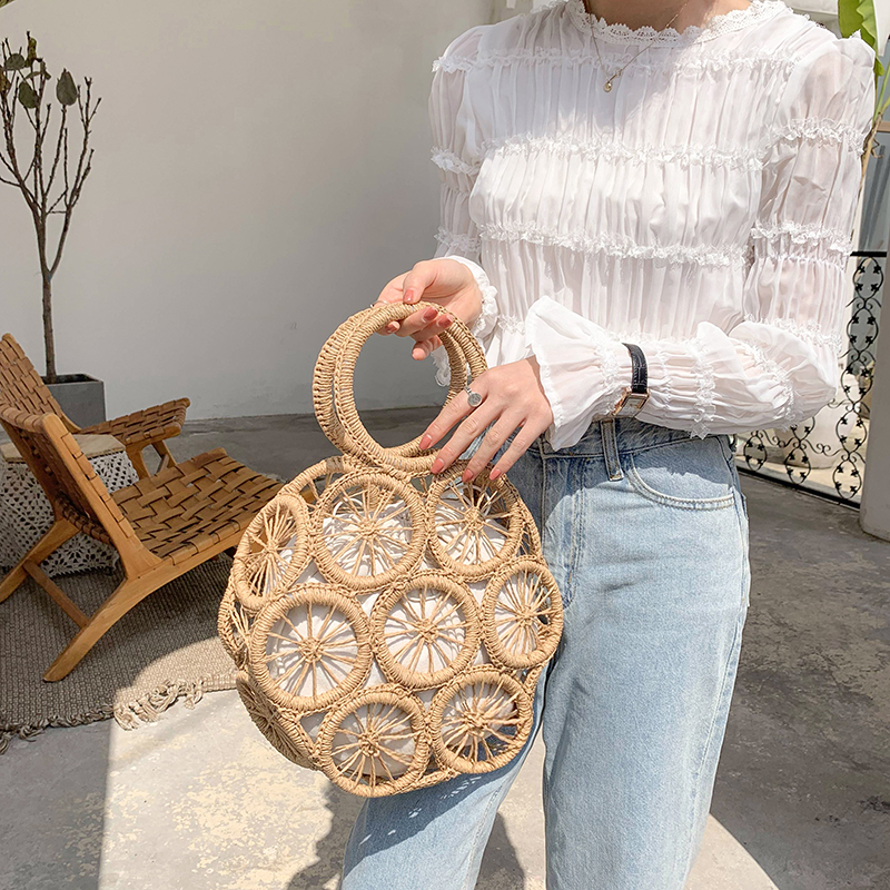 Strand halm vesker for kvinner sommer rotting bag håndlaget hulvevd strand bag casual bohemia bali håndveske bolsos mimbre