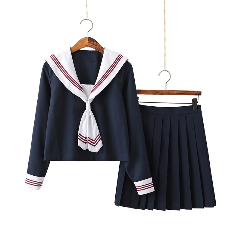Three Red Lines White Collar Summer Navy Sailor Suit Tops Skirts Women JK High School Uniform Class Students Cloth: 2 / XXL
