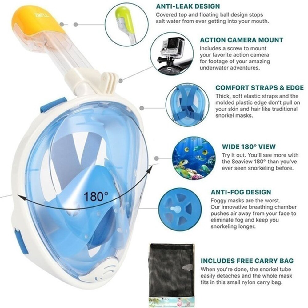 Underwater Full Face Diving Mask Anti-Fog Snorkeling Mask 180 Degree Seaview Snorkel Mask for Swimming and Diving