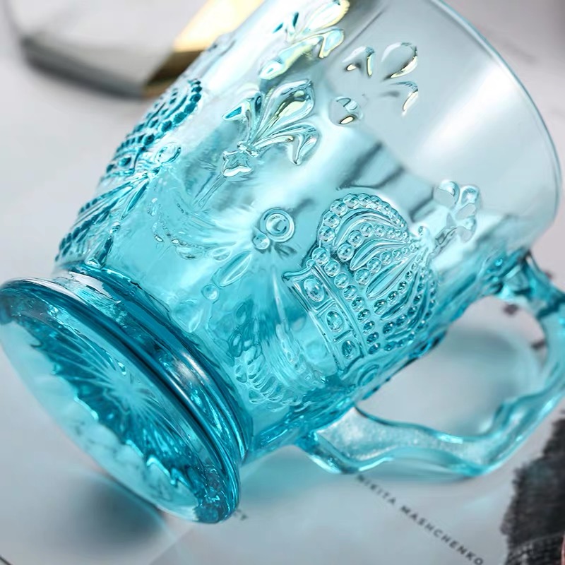 Glass crystal mug with lid European retro embossed flower color thickened 350ml office drink milk tea drink juice cup