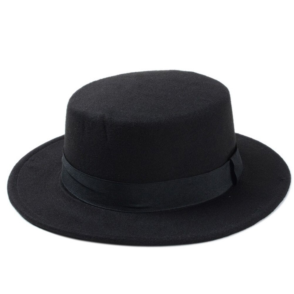 Wool Boater Flat Top Hat For Women Felt Wide Brim Fedora Hat: Black