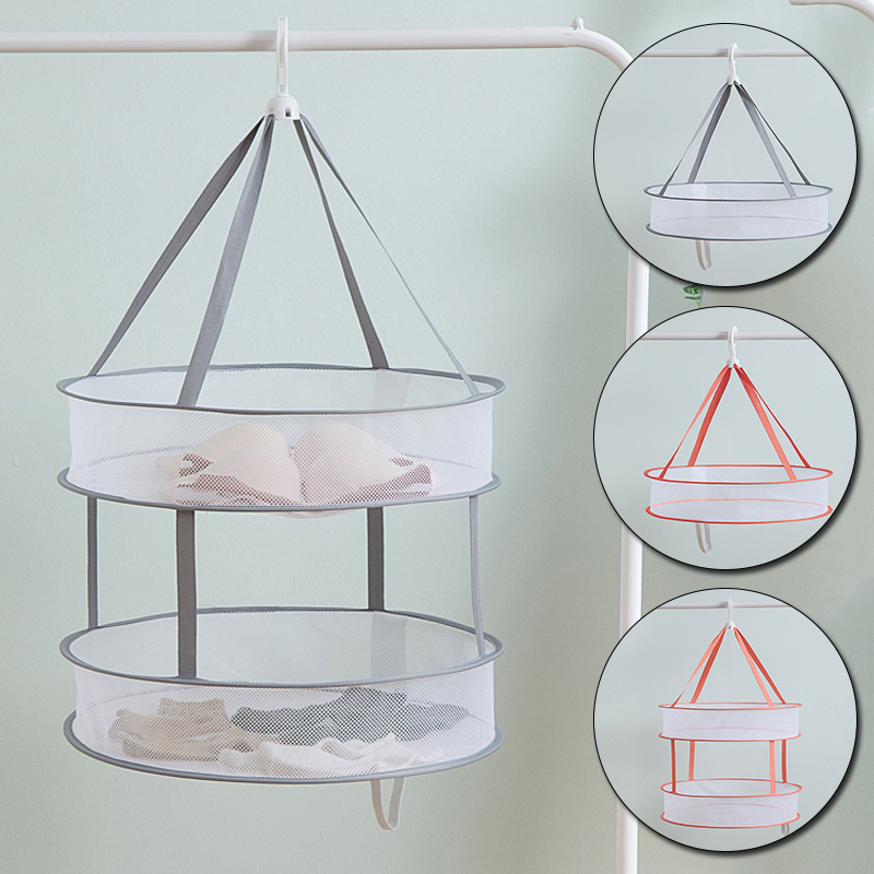 Diameter 48cm Laundry Basket Mesh Folding Nets Double Layer Windproof Clothes Dryer Drying Rack For Sweaters Hanging