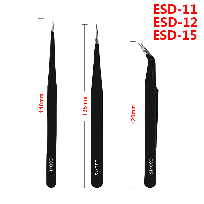 ESD 10/15 1.5mm Anti Static ESD Stainless Steel Precision Tweezers Straight Curved Tip Tweezers Repair Tools for Electronics: ESD-11-12-15