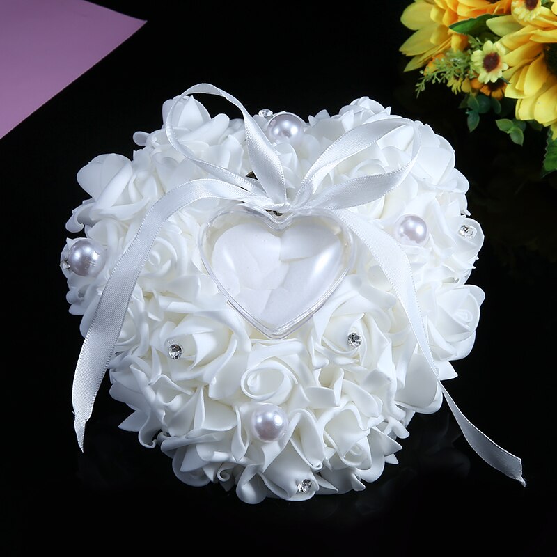 En forma de corazón de marfil Flor de satén proponer anillo cojín caso titular de anillo de ceremonia portador del matrimonio decoración de la boda