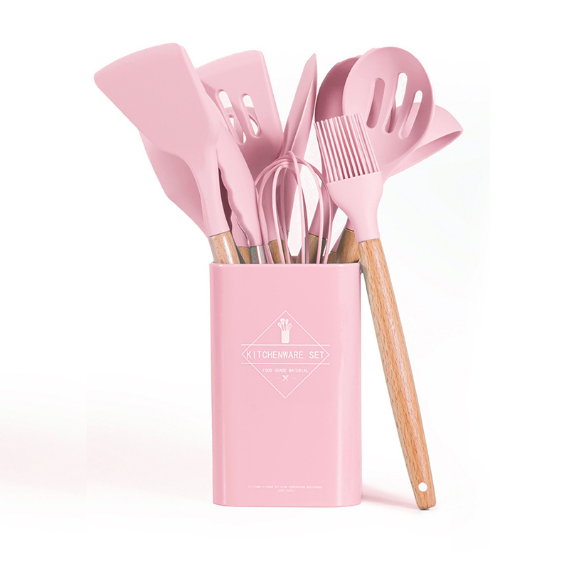 12 Pçs Siliconen Utensílio De Cozinha Conjunto Bpa Livre Não Tóxico Utensílios De Cozinha Alça De Madeira Com Caixa De armazename: Oranje