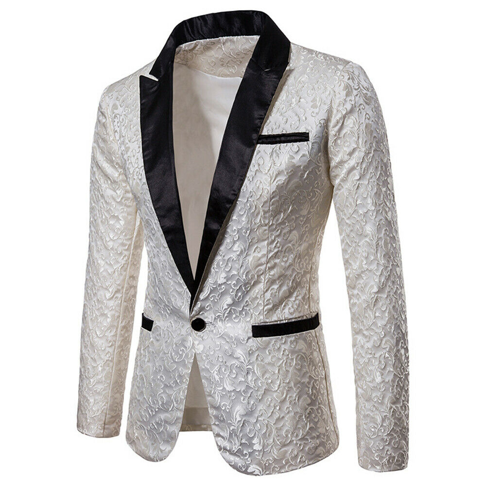 Sammet silver kavaj herr paisley blommiga jackor vinröd gyllene scen kostym jacka bröllop herr kavaj plus storlek s -2xl: Vit / Xl