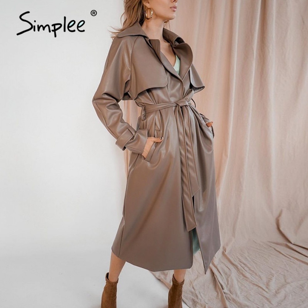 Simple streetwear pu læder trenchcoats damer brun efterår vinter sashes lang frakke hakket kontor damer lomme outwear