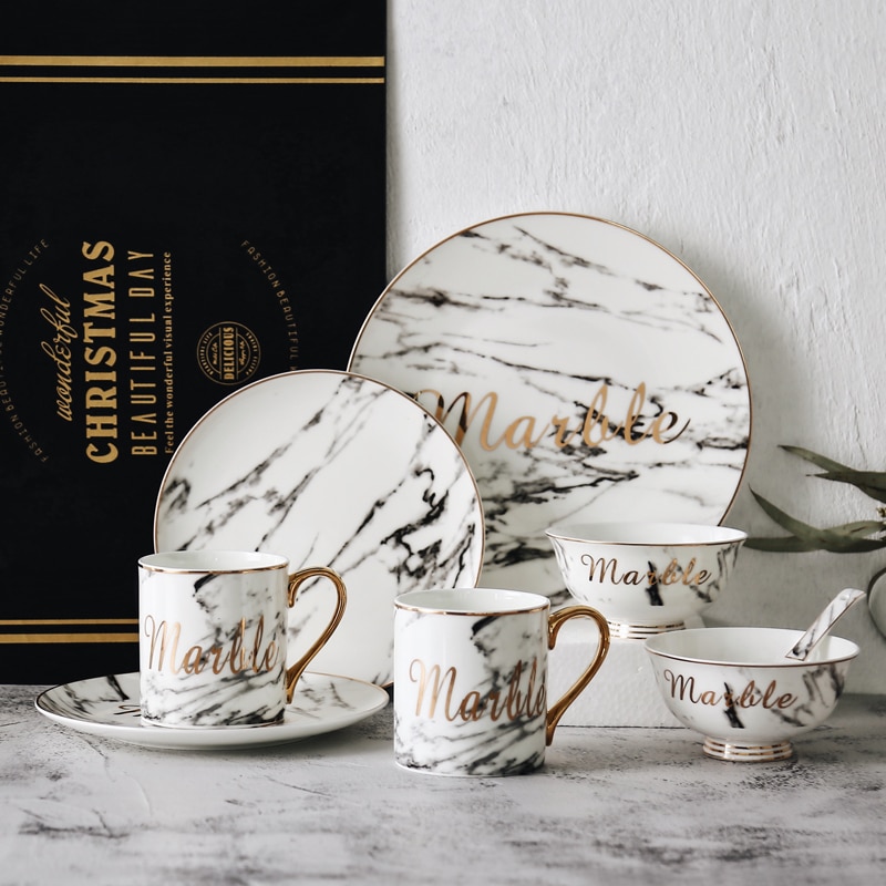 Best plate Porcelain Tableware Gold European Style Marble Pattern Luxury Ceramic Dinnerware Set China Melamine