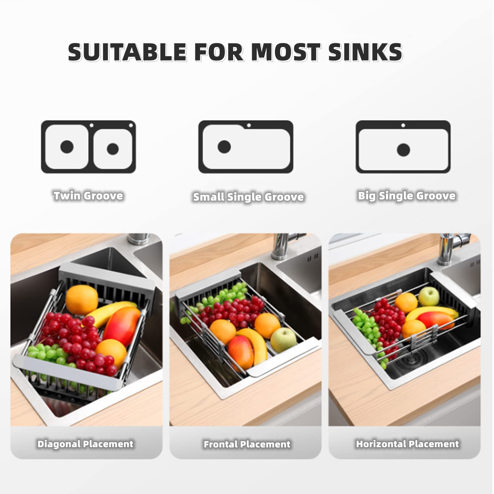 Égouttoir à vaisselle, panier de vidange d'évier en acier inoxydable, évolutive, rangement de cuisine, égouttoir pour légumes et Fruits, organisateur universel