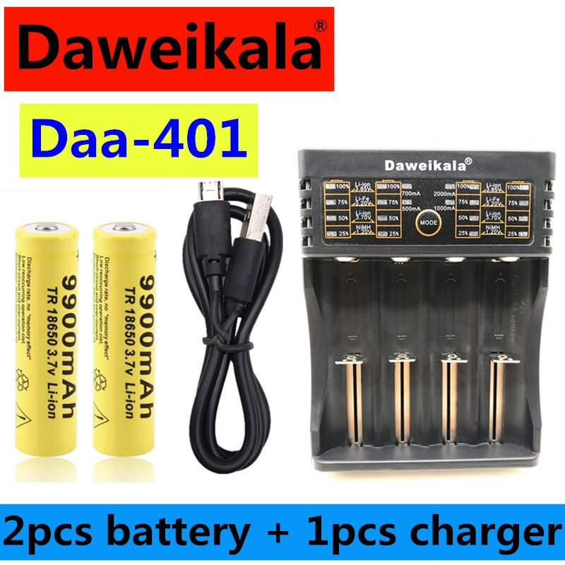 4pcs 18650 battery 3.7V 9900mAh rechargeable liion battery with charger for Led flashlight batery litio battery+1pcs Charger: White