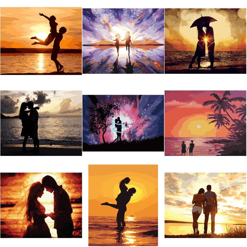 Diy oliemaleri af numre elskere silhuet par solnedgang farvelægning af numre landskab maling lærred billede håndmalet