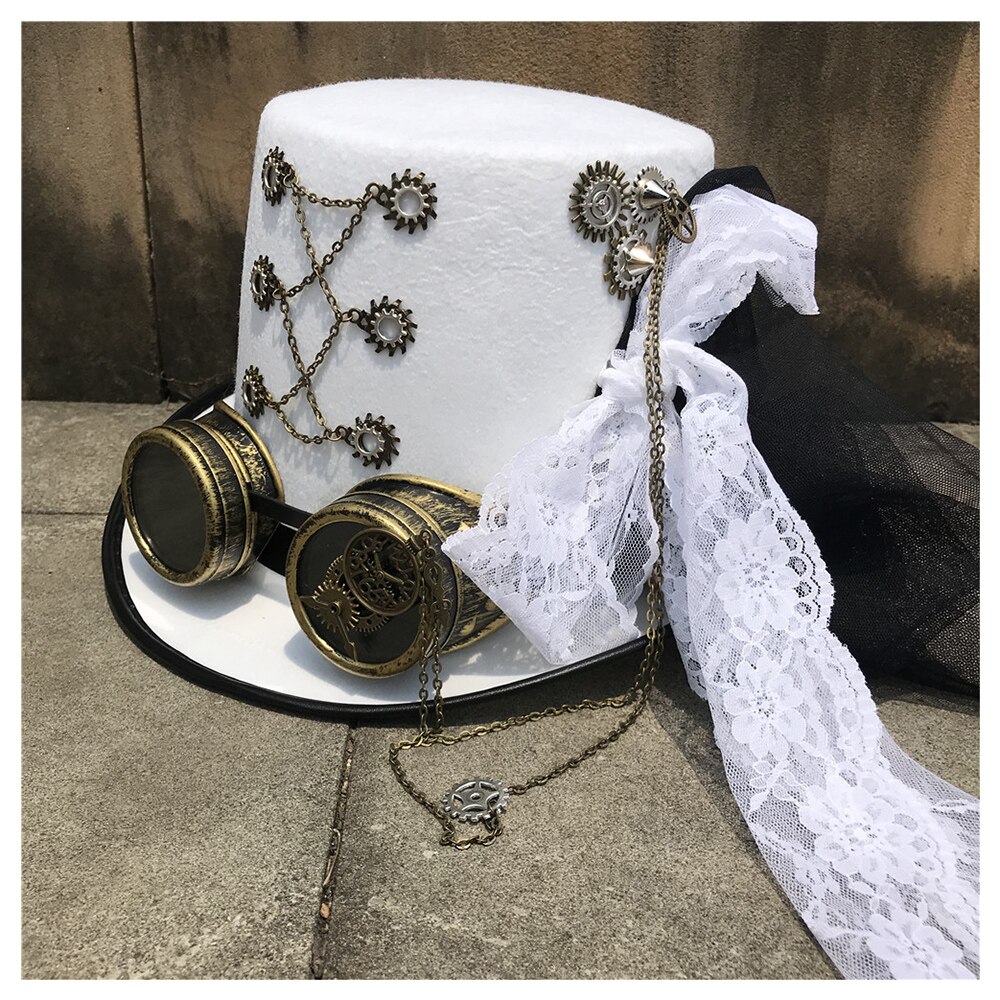 Kobiety retro Wykonany ręcznie Steampunk cylinder z okularami zębatymi i koronką etap magiczny kapelusz wydajność kapelusz biały rozmiar 57CM Steampunk kapelusz