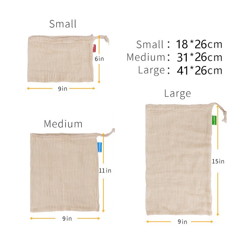 Katoenen groentezakken van netstof, herbruikbare katoenen groentezak voor het opbergen van fruit en groenten, keukenfruit met trekkoord: 3 stuks