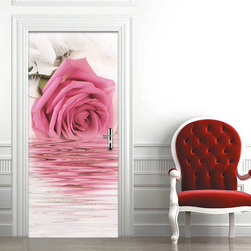 Living Room Pink Rose Flower Door Sticker PVC Waterproof Self-adhesive Bedroom Bathroom Door Mural Poster Wall Papers Home Decor