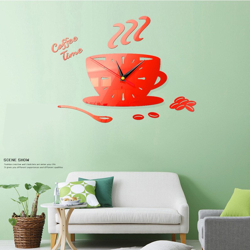 DIY 3D Wall Clock Acrylic Coffee Cup Teapot Decorative Kitchen Wall Clock Living Room Wall Stickers Home Decor Clocks: Red
