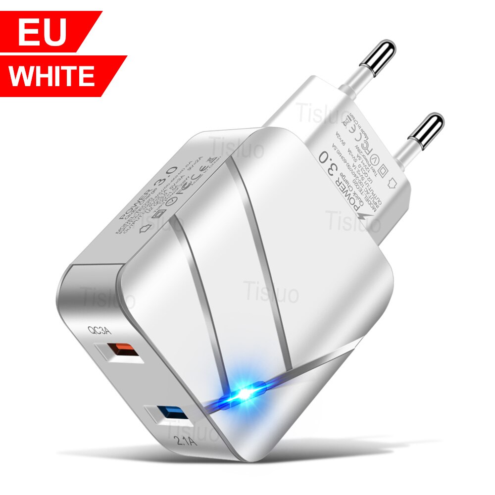 3A Usb Charger Quick Charge 3.0 Mobiele Telefoon Laders Voor Iphone Samsung Xiaomi Huawei Tablet 2 Poort Led Verlichting Muur lader: EU White