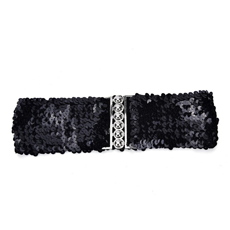 High , cinturones de metal lentejuela de mujer, dorado brillante fajín/Negro/sin plata, cinturón ancho elástico: Black
