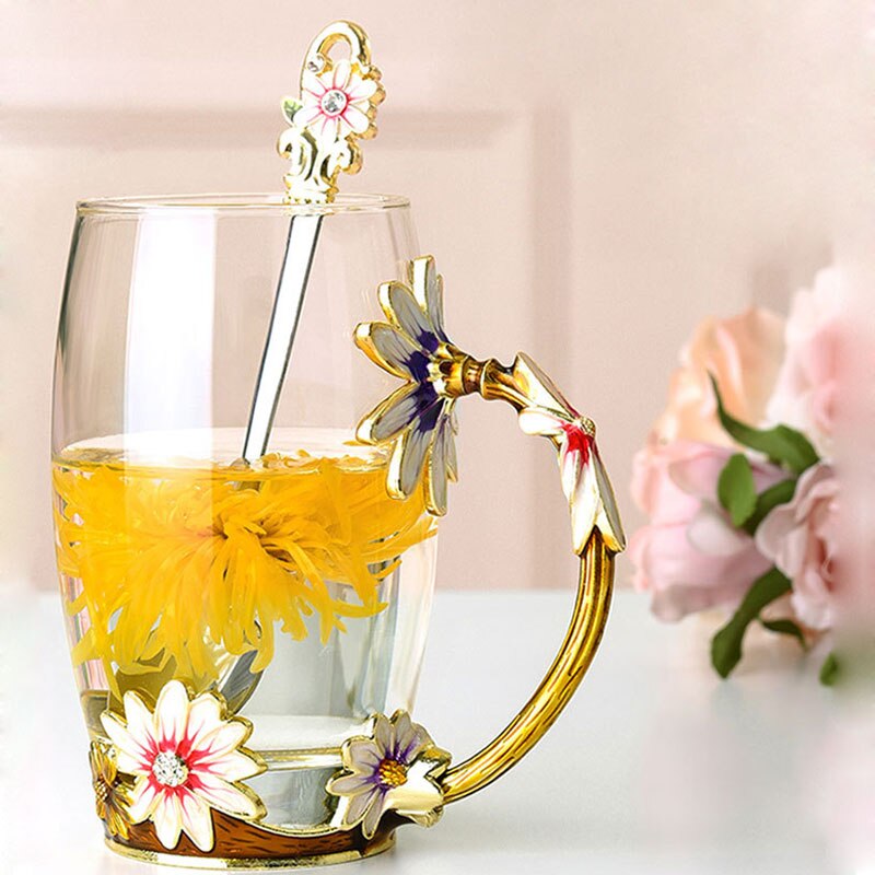 Varmebestandigt krystalglas krus, emalje glas krus, blomst te sæt kaffekop, vand mælk kaffe drinkware til: Gul