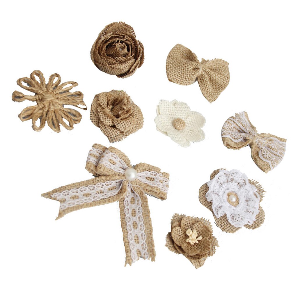 Flor de arpillera de yute hecha a mano, accesorios de ropa DIY, suministros Vintage de boda, decoración de flores, , 9 Uds.