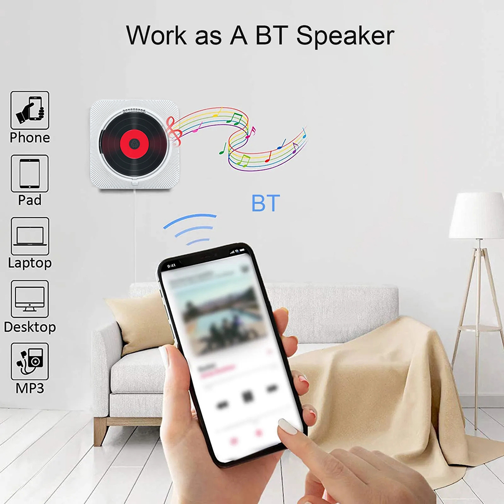 Lettore CD portatile Bluetooth Altoparlante LED Schermo a parete Lettore musicale FM Radio 3.5mm stereo CD con telecomando