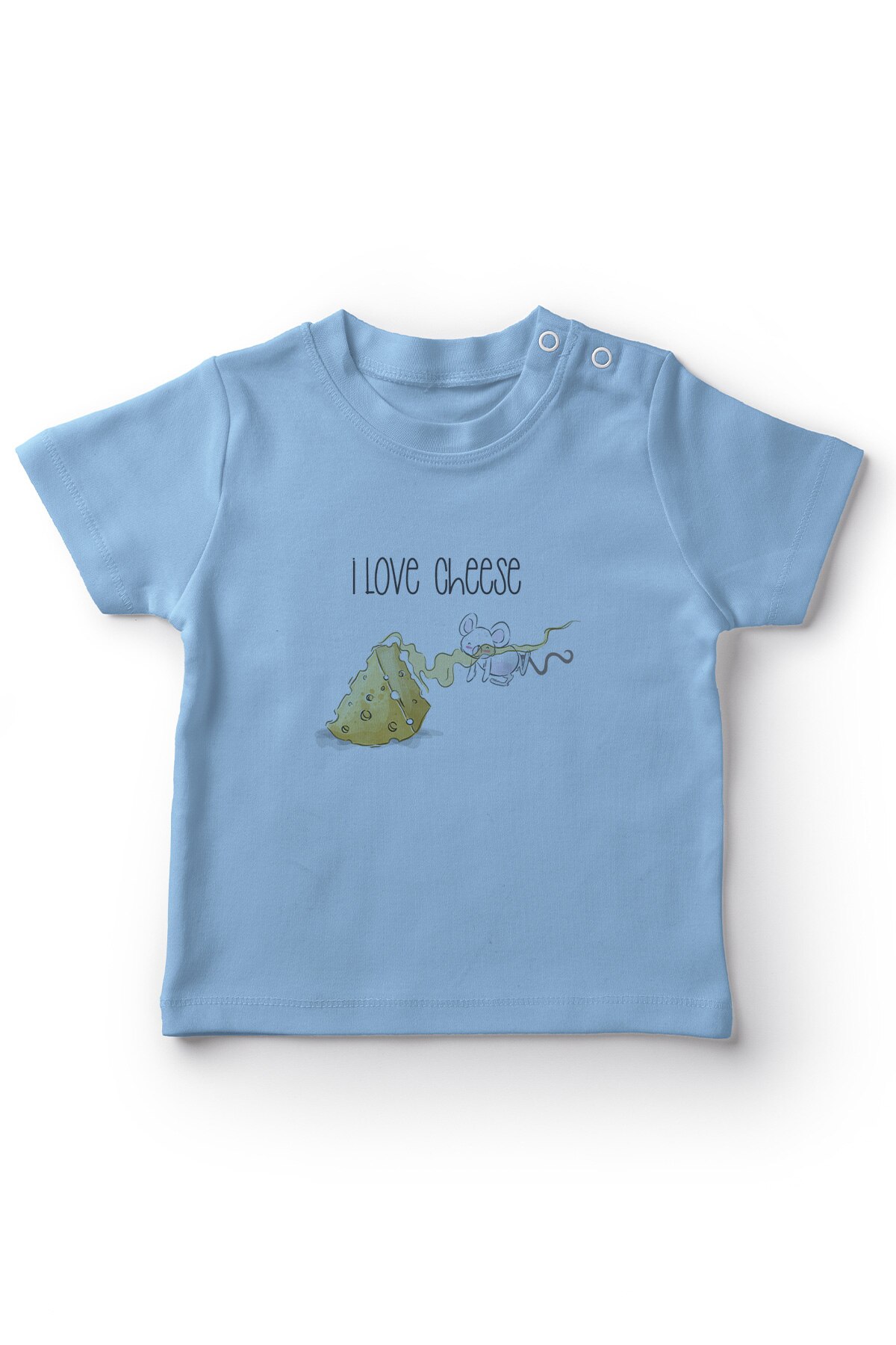 Camiseta azul de Angemiel para bebé con bonito ratón y queso