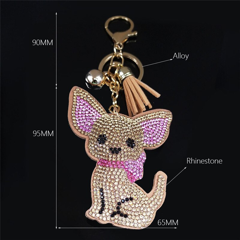 Chihuahua Dog Crystal Bag Accessories for Women Yellow Gold Color Keyring Jewelry llaveros para mujer K2502S01